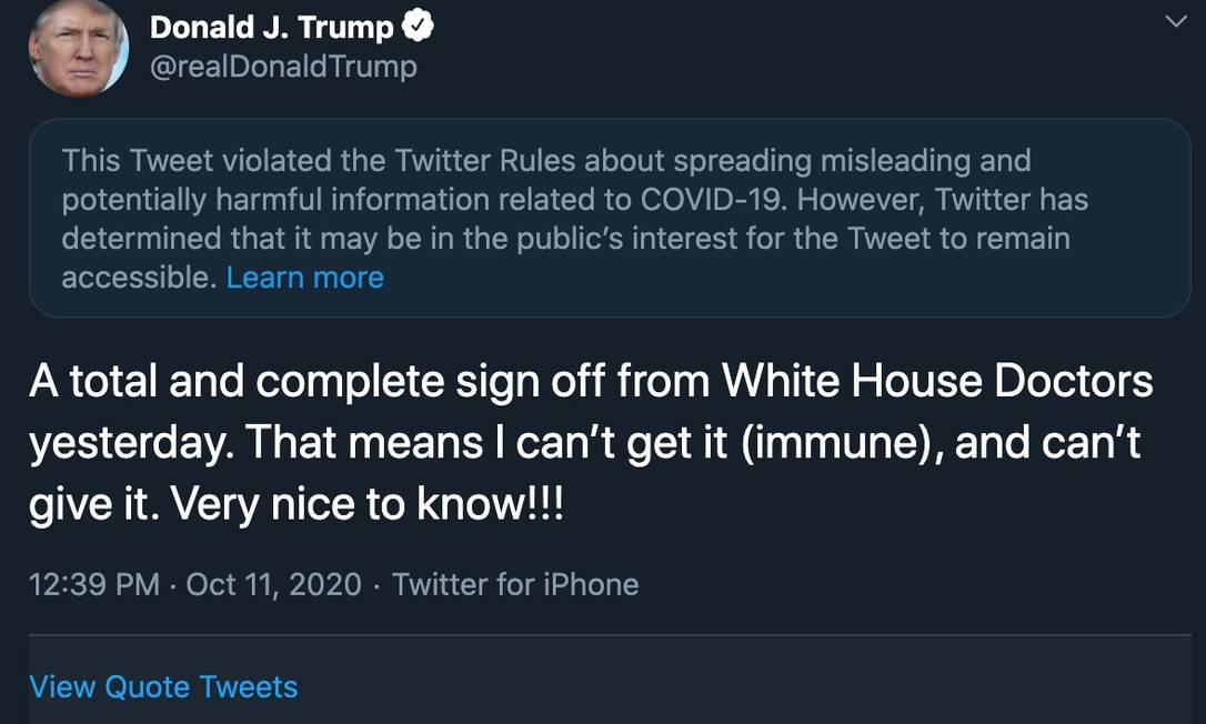 Twitter sinaliza postagem em que Trump afirma estar imune à Covid 19