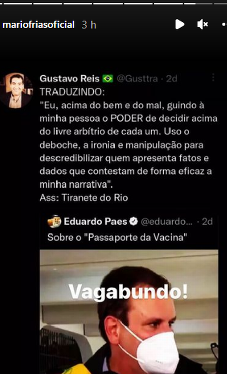 Mario Frias volta a xingar Eduardo Paes pela exigência de passaporte da