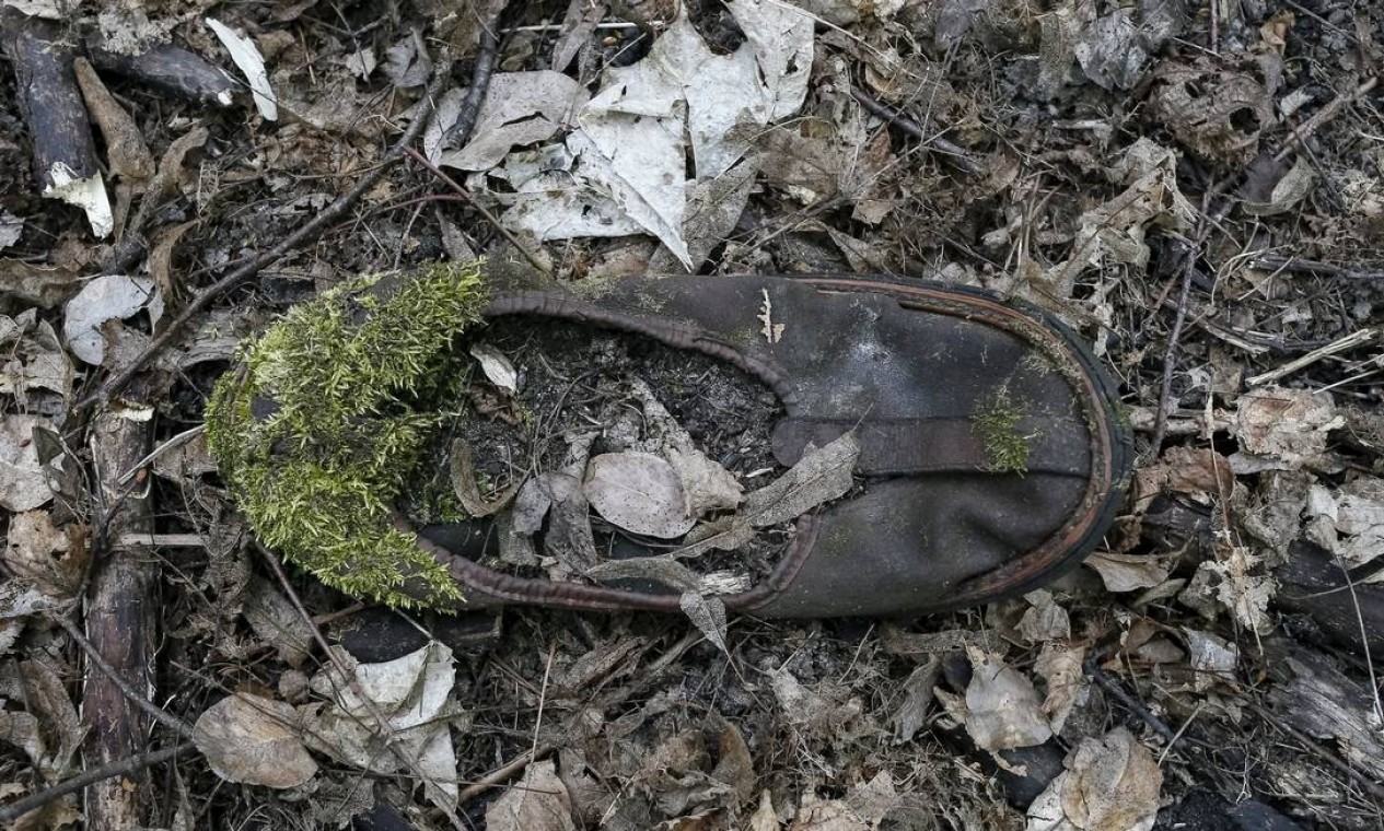 Sapato de criança deixado para trás na evacuação, coberto de limo após 30 anos abandonado. Foto: GLEB GARANICH / REUTERS
