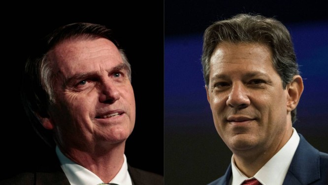 Os candidatos à Presidência Jair Bolsonaro (PSL) e Fernando Haddad (PT) Foto: AFP