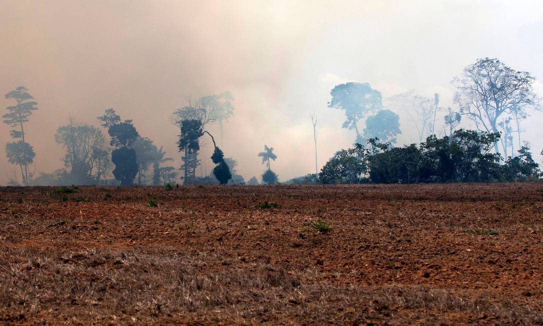 Nuvem de fumaça paira sobre área queimada em incêndio na região de Novo Novo Progresso, no Pará Foto: JOAO LAET / AFP/24-8-2019