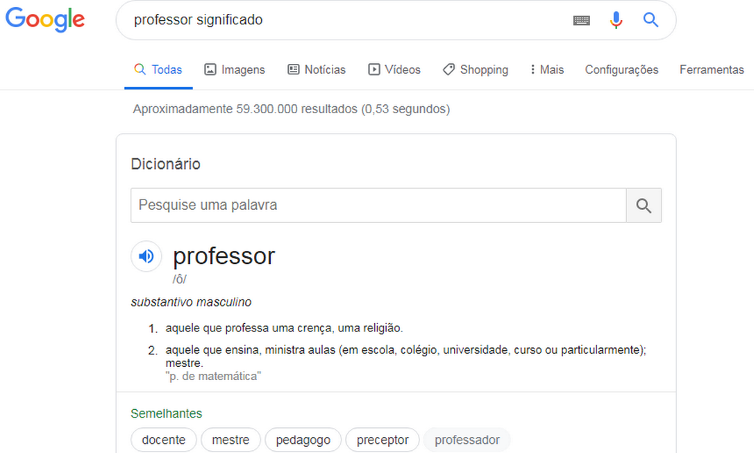 Diferença na definição de professor e professora no Google