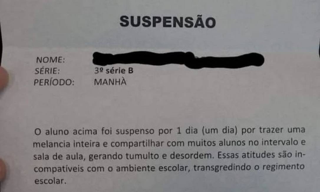Aluno foi suspenso por levar melancia para o colégio; instituição esclarece o caso Foto: Divulgação