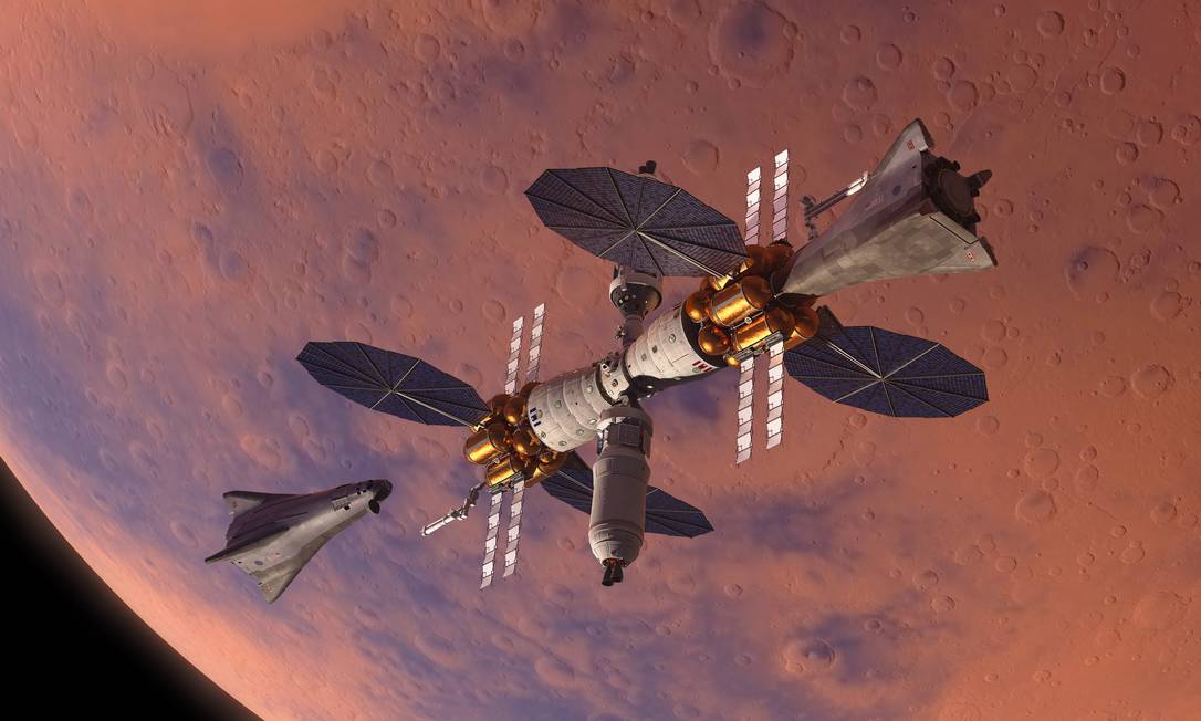 Proposta de estação orbital em Marte da empresa americana Lockheed Martin: base para descidas à superfície e viagens de volta à Terra Foto: Adam Burch / Adam Burch/Lockheed Martin