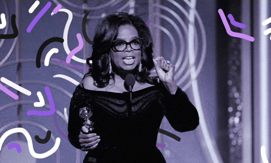 Em 2018, a apresentadora e atriz Oprah Winfrey fez um discurso emocionante ao se tornar a primeira mulher negra a receber o Prêmio Cecil B.DeMille, que homenageia artistas pelo sua contribuição no mundo do entretenimento Foto: Arte de Clara Brandão sobre foto da Reuters
