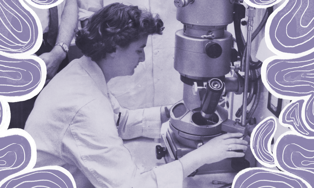 June Almeida com seu microscópio eletrônico no Instituto do Câncer de Ontário, no Canadá, em 1963 Foto: Reprodução/BBC/Getty Images 