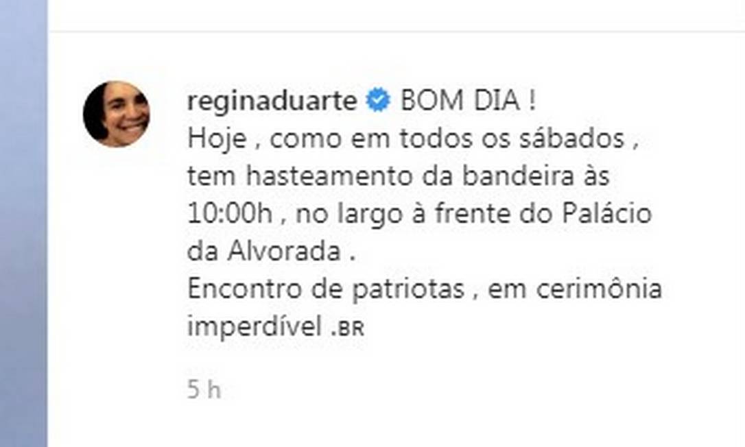 Post de Regina Duarte sobre hasteamento da bandeira Foto: Divulgação