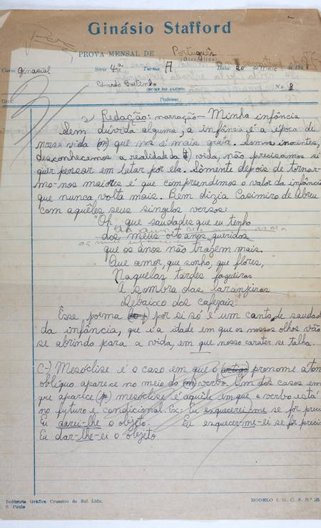 Redação escolar escrita pelo futuro diretor em 1948 Foto: Divulgação/Acervo Instituto Moreira Salles
