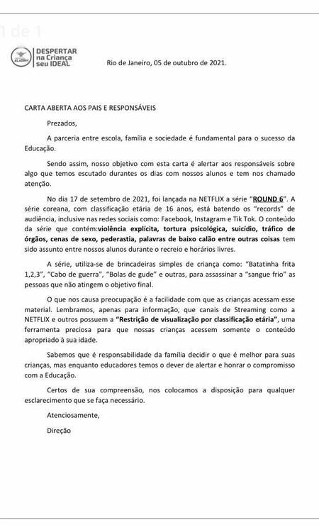 A carta aberta sobre os perigos da série 'Round 6' para crianças Foto: Reprodução