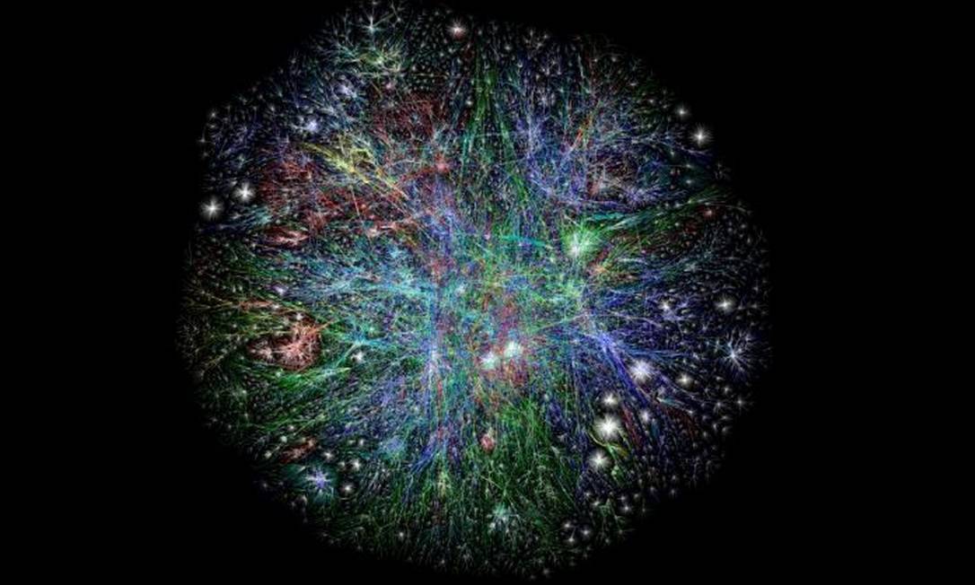 Diagrama ilustrativo do que seria a internet inteira, com seu backbone e seus nodos principais, assemelhando-se a uma galáxia em contínua expansão Foto: Reprodução