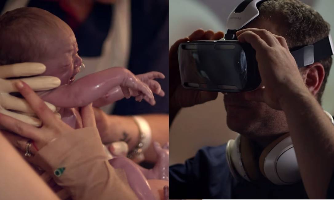 O bebê Steele ao nascer e seu papai Jace, com o headset Samsung Gear VR na cabeça acompanhando tudo Foto: Reprodução / YouTube
