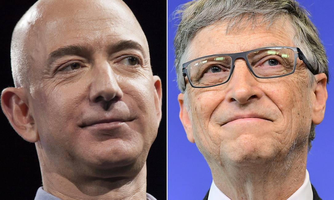 Jeff Bezos, da Amazon, e Bill Gates, da Microsoft, que estão entre os mais ricos do mundo Foto: AFP