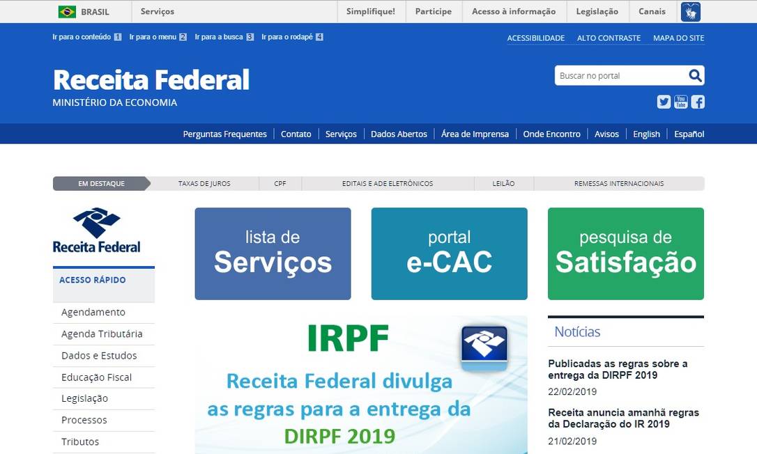Página da Receita Federal. Reprodução Foto: Agência O Globo