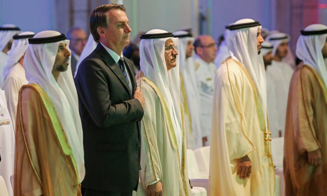 O presidente Jair Bolsonaro durante encontro com empresários nos Emirados Árabes Unidos Foto: - / AFP