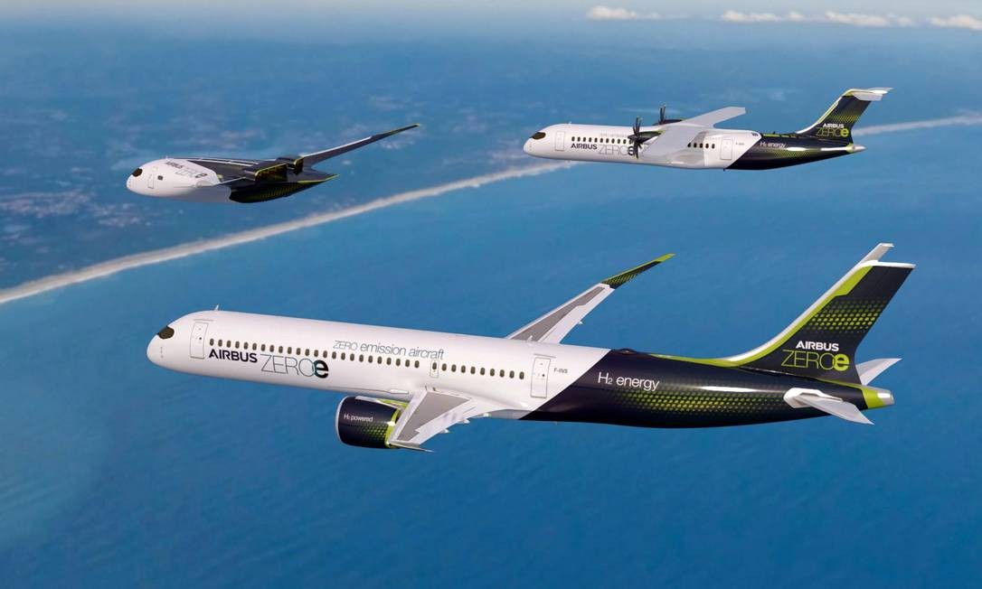 A fabricante europeia desenvolve três conceitos de aeronaves, todas movidas a hidrogênio e nomeadas "ZEROe" Foto: AFP