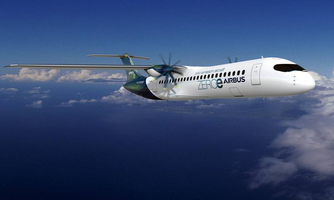 O segundo conceito é um avião de alcance regional turboélice que poderia levar até 100 passageiros a uma distância de 1.800 km Foto: AFP