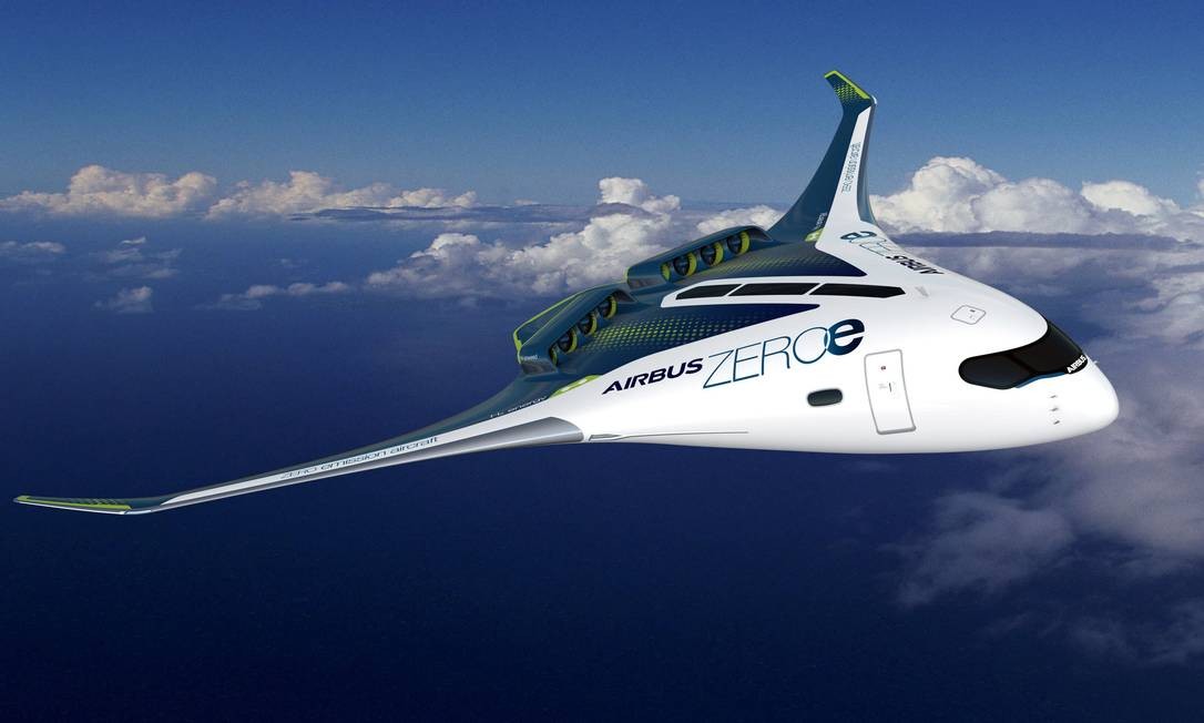 O terceiro conceito tem um design futurista, semelhante a uma asa voadora, com uma capacidade e autonomia semelhantes ao conceito do turborreator. Foto: AFP