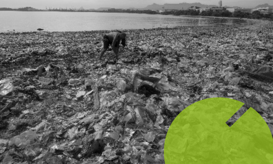 Lixo e plástico na praia do Fundão Foto: Marcia Foletto/Agência O Globo