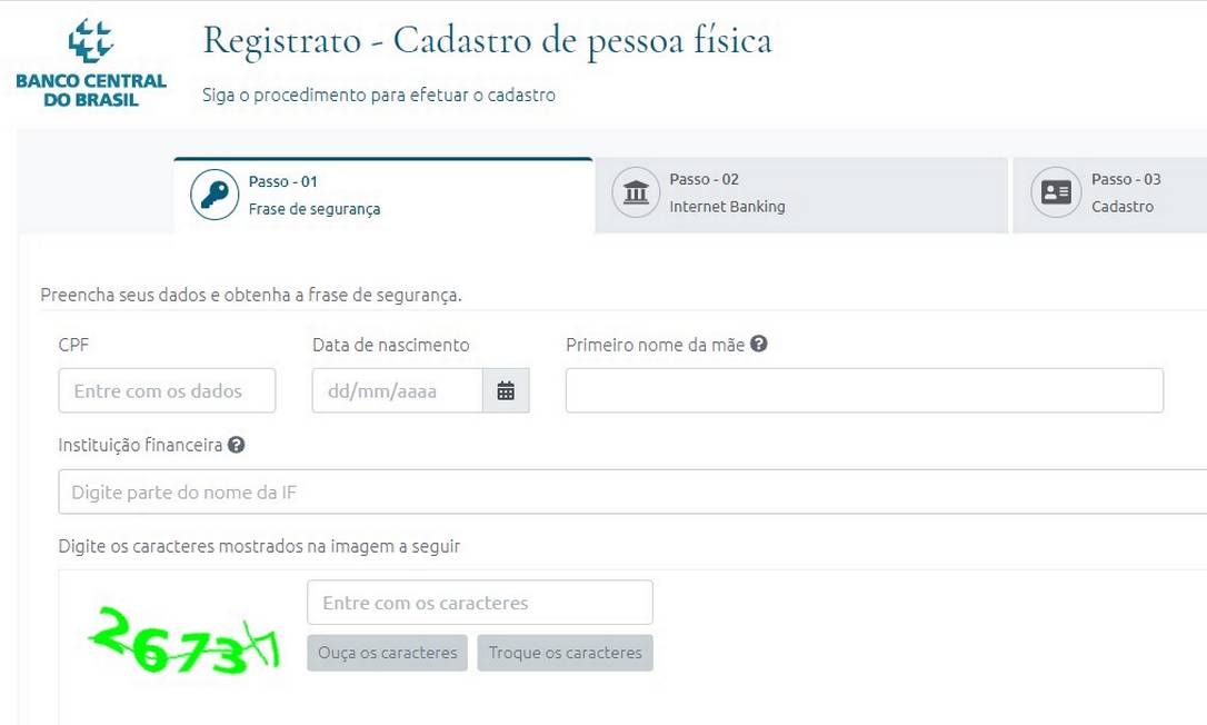 Página inicial para realizar o cadastro no Banco Central Foto: Reprodução