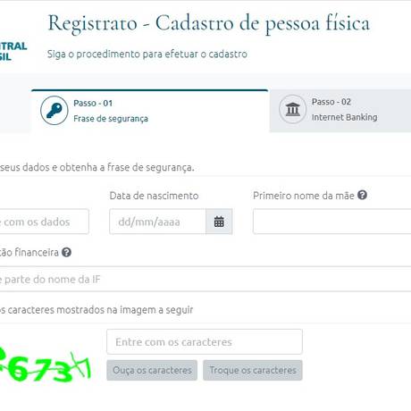 P�gina inicial para realizar o cadastro no Banco Central Foto: Reprodu��o
