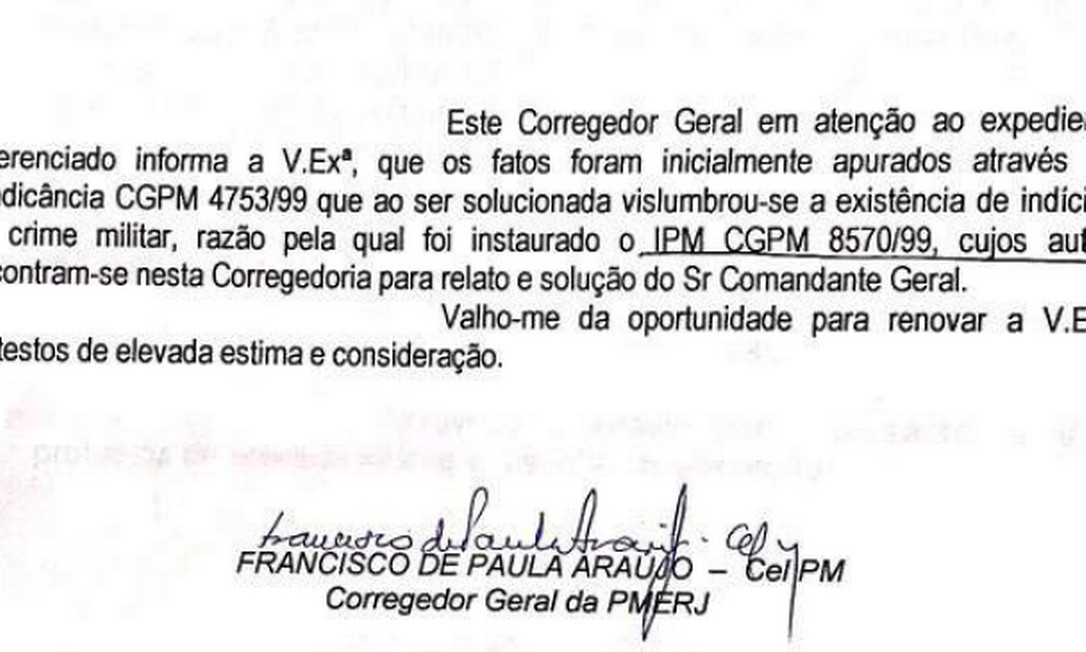 Conclusão de Corregedoria da PM do Rio sobre o caso. Foto: Juliana Dal Piva / EPOCA