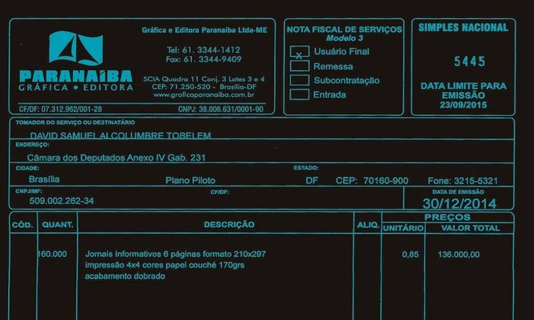 Uma nota fiscal com gastos com impressÃ£o fora da grÃ¡fica do Senado, uma das mais modernas do paÃ­s, feitos pelo presidente da Casa, Davi Alcolumbre. Foto: ReproduÃ§Ã£o