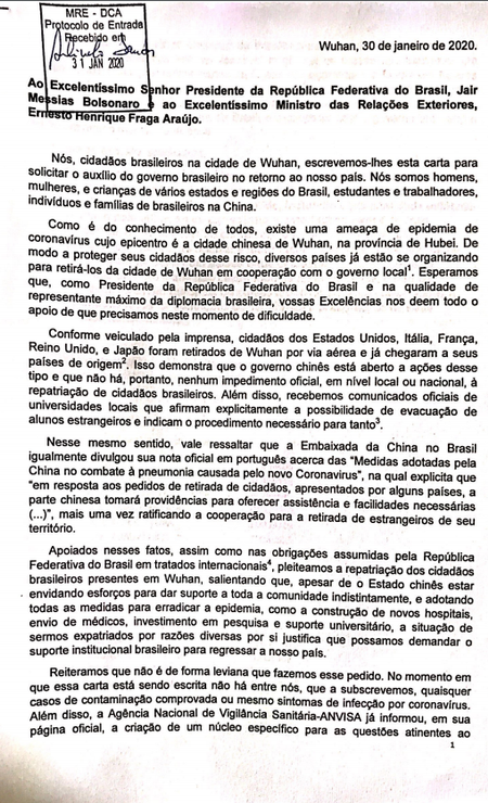 Brasileiros em Wuhan escrevem carta a Bolsonaro cobrando ajuda Foto: Reprodução