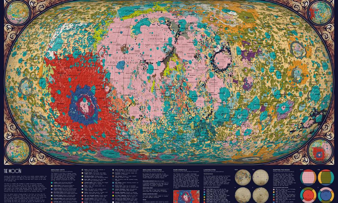 Mapa da geologia da Lua, uma das 'obras de arte' da bióloga americana Eleanor Lutz em seu site Tabletop Whale Foto: Eleanor Lutz/Tabletop Whale