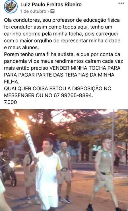 Post, em rede social, com anúncio de venda da tocha olímpica de 2016 Foto: Reprodução