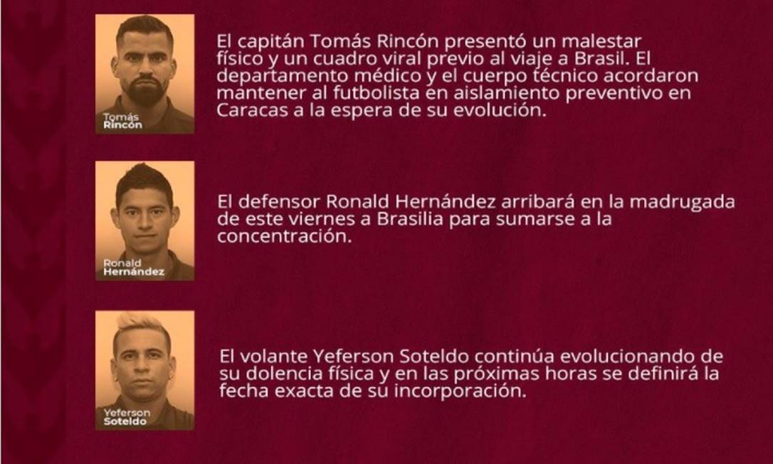 Aviso da seleção da Venezuela sobre Rincón Foto: Reprodução Twitter