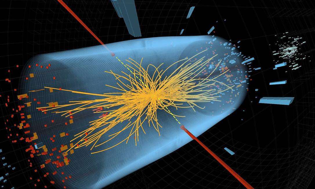 
Imagem mostra a representação da colisão de prótons na experiência pela busca do bóson de Higgs
Foto: AP