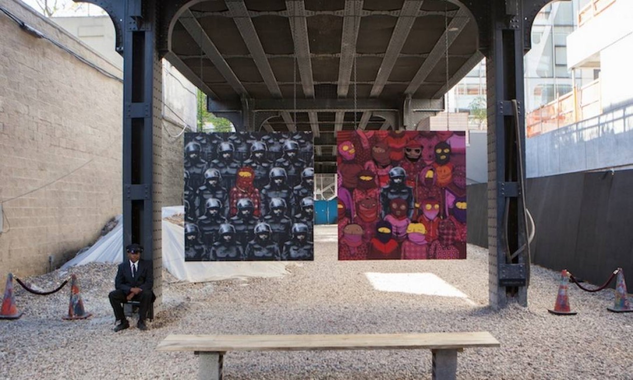 Dois painéis de Banksy em parceria com a dupla paulistana de grafiteiros Osgemeos foram encontrados no bairro novaiorquino do Chelsea Foto: Reprodução