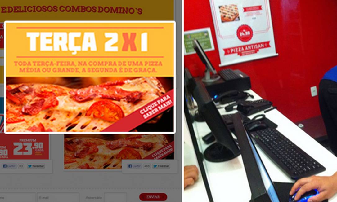 
Cartaz da promoção ‘Terça2x1’ (à esquerda) e o flagrante dos telefones fora do gancho em loja da rede Domino’s
Foto: Divulgação / Felipe Motta