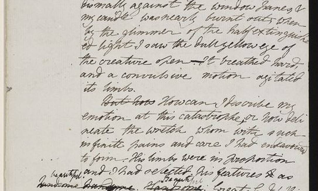 
Página do manuscrito de ‘Frankenstein’, de Mary Shelley
Foto: The New York Public Library/Shelley-Godwin Archive