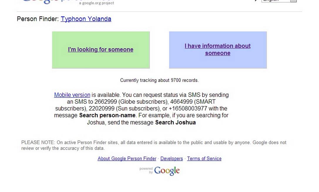 
Serviço criado pelo Google para encontrar desaparecidos do tufão Haiyan nas Filipinas
Foto: Reprodução