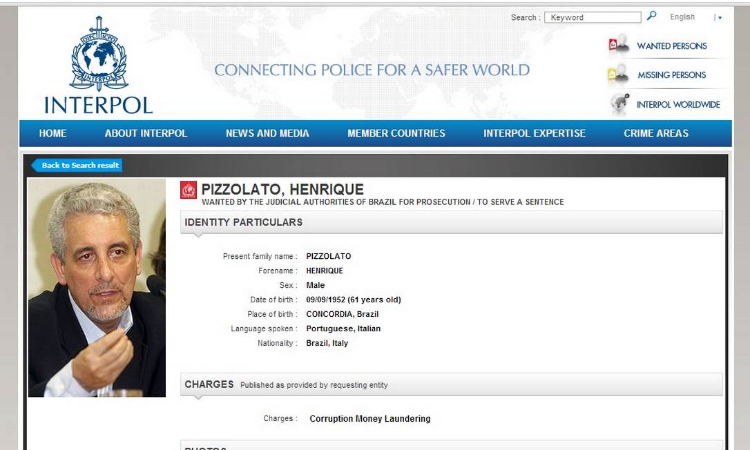 Foto de Henrique Pizzolato está na lista de procurados do site da Interpol Foto: Reprodução internet