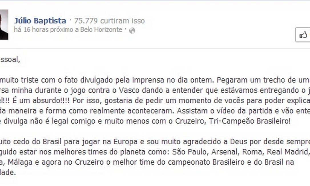 Júlio Baptista se defende nas redes sociais da suspeita de Cruzeiro ter entregado jogo para o Vasco Foto: Reprodução