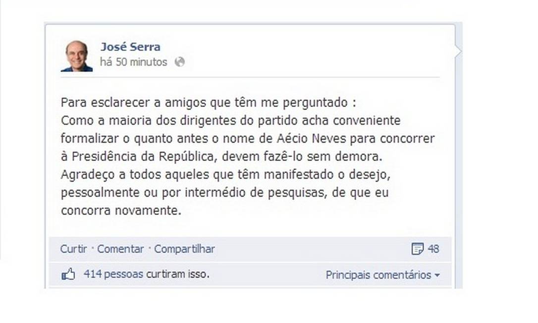 Facebook de José Serra. Foto: Reprodução