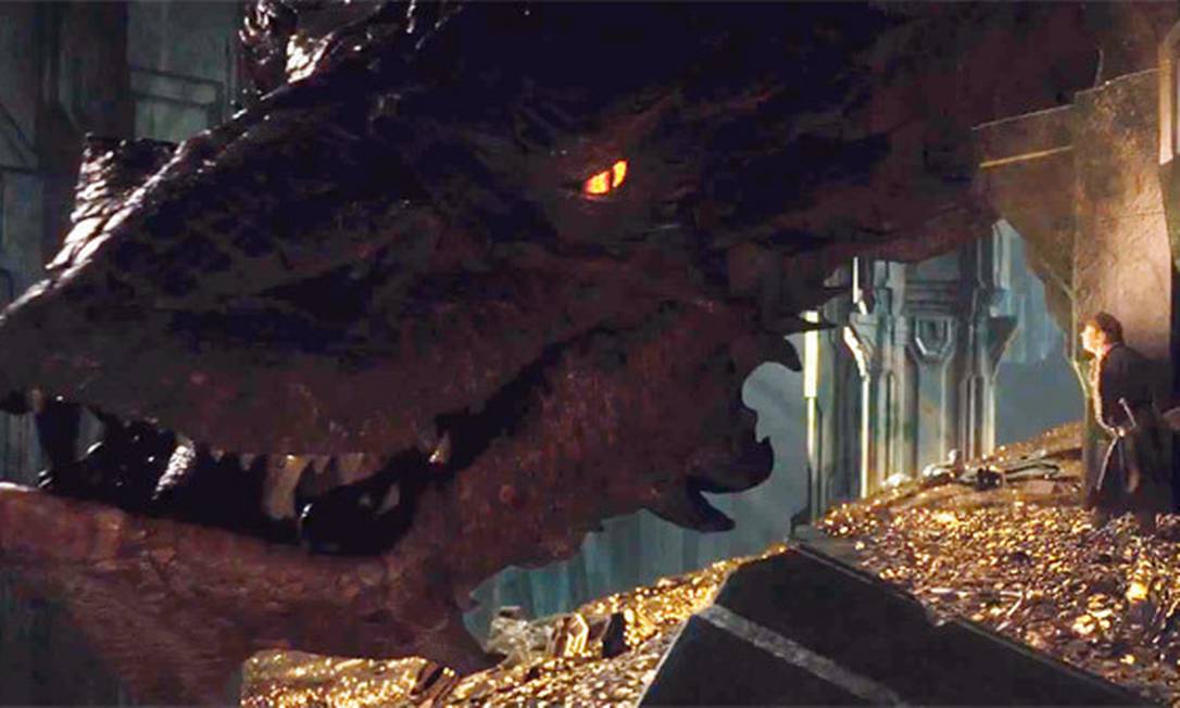 
O dragão Smaug em cena do filme “O Hobbit: a desolação de Smaug”: animais míticos com um histórico de fascínio no imaginário cultural da Humanidade
Foto: Reprodução