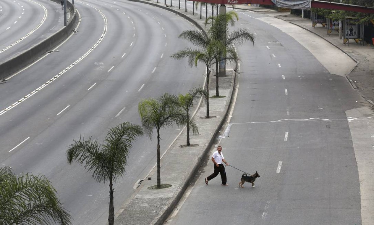 Homem passeia com cão na Avenida Brasil Foto: Custódio Coimbra / O Globo