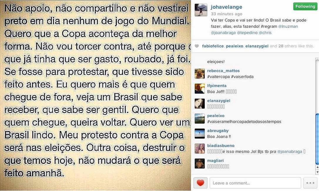 Joana Havelange posta comentário polêmico em rede social Foto: Reprodução Instagram