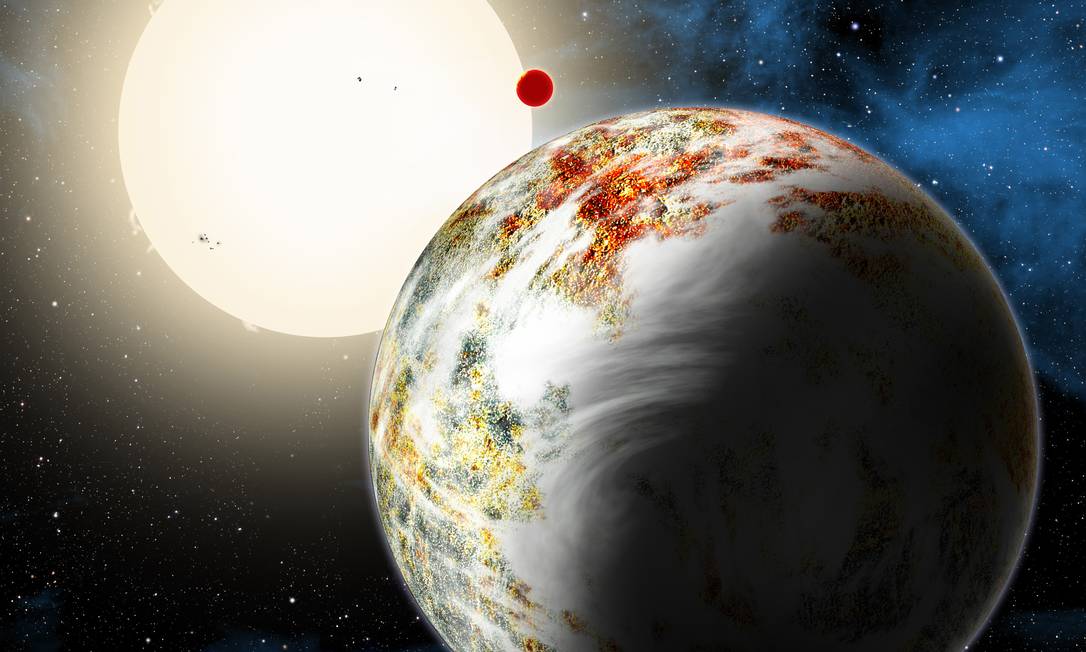 
Ilustração mostra a recém-descoberta “mega-Terra”, tendo ao fundo o “mundo lava” e a estrela-mãe do sistema Kepler-10
Foto:
Divulgação/David A. Aguilar/CfA

