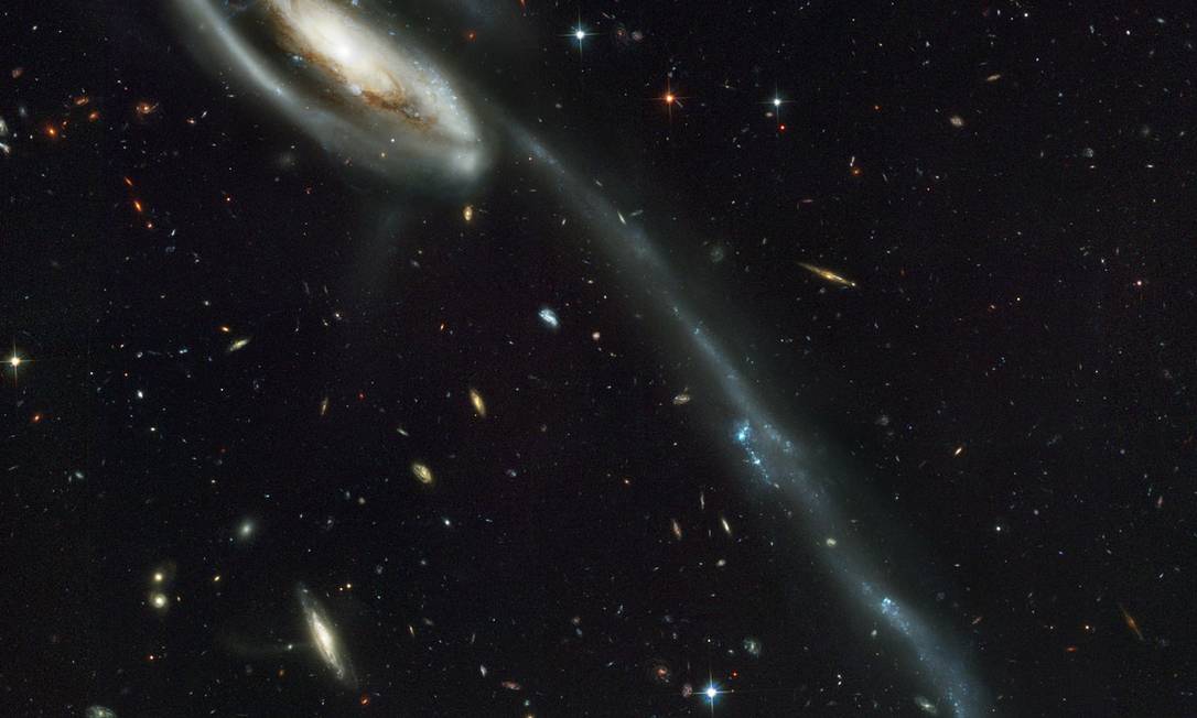 
Imagem do telescópio espacial Hubble mostra a galáxia do “Girino”, um exemplo do tipo de interação c´somica que o grupo de astrofísicos diz provavelmente ter formado as galáxias-satélite da Via Láctea e de sua vizinha Andrômeda
Foto:
Nasa/ESA
