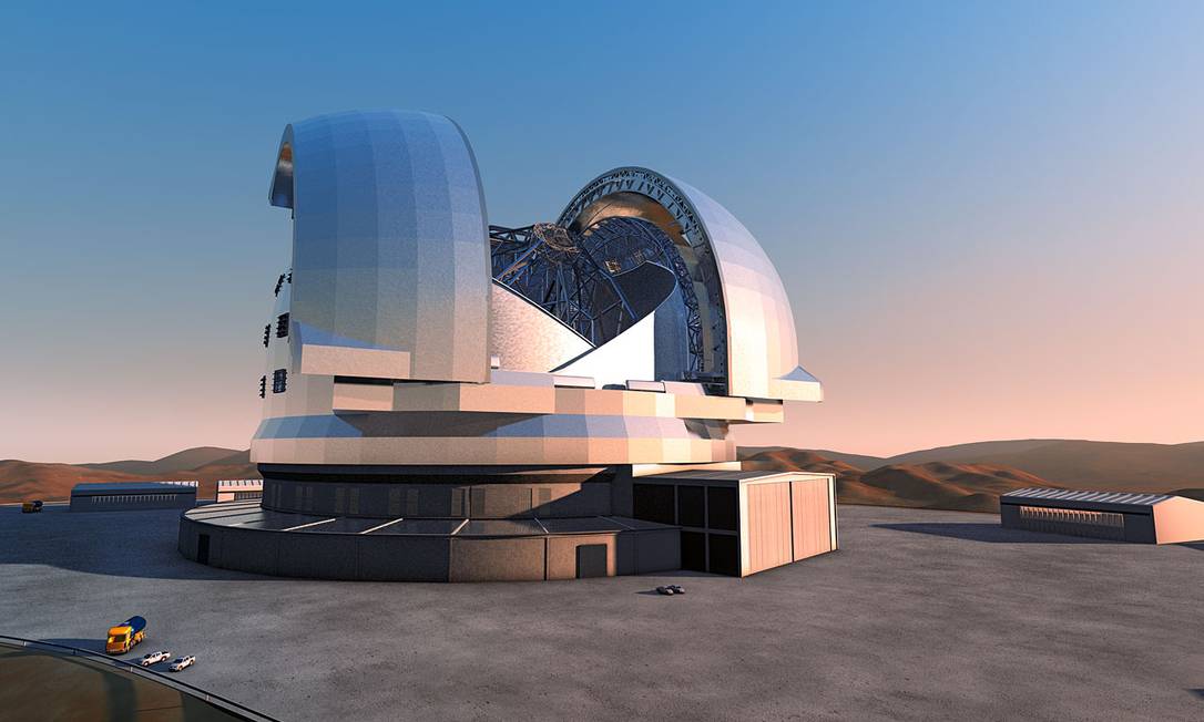 
Ilustração de como deve ser o telescópio quando estiver pronto no meio do deserto do Atacama
Foto:
/
Divulgação - ESO
