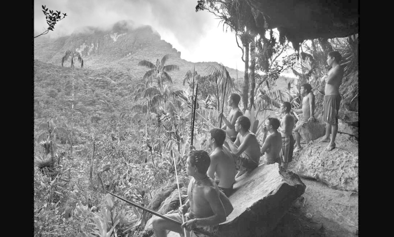 Nativos de Maturacá contemplam a paisagem florestal de suas terras e o Pico da Neblina, sua montanha sagrada, antes da ascensão final Foto: Terceiro / Agência O Globo