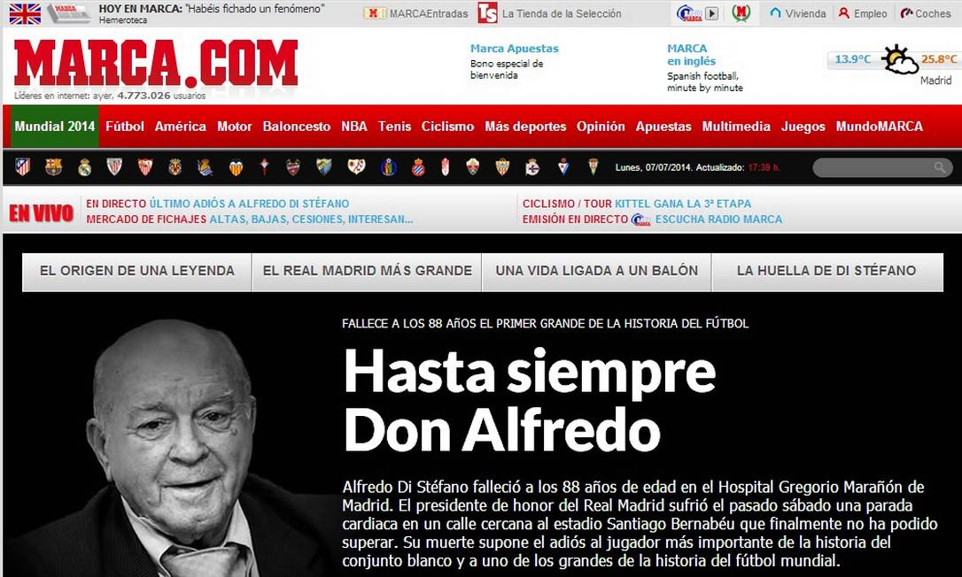 Morre o ex-jogador argentino Alfredo Di Stéfano, aos 88 anos - Jornal O  Globo