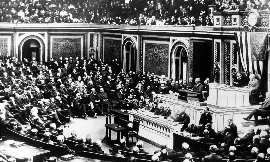  O mesmo Congresso americano onde o presidente Woodrow Wilson expôs seus ‘14 pontos’ para a paz rejeitou depois a adesão dos Estados Unidos à Liga das Nações Foto:
/ AP