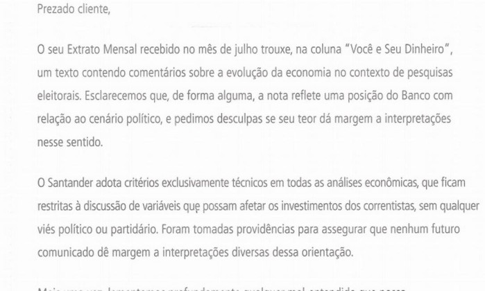 Clientes do Santander recebem pedido de desculpas pelo correio - Jornal O Globo