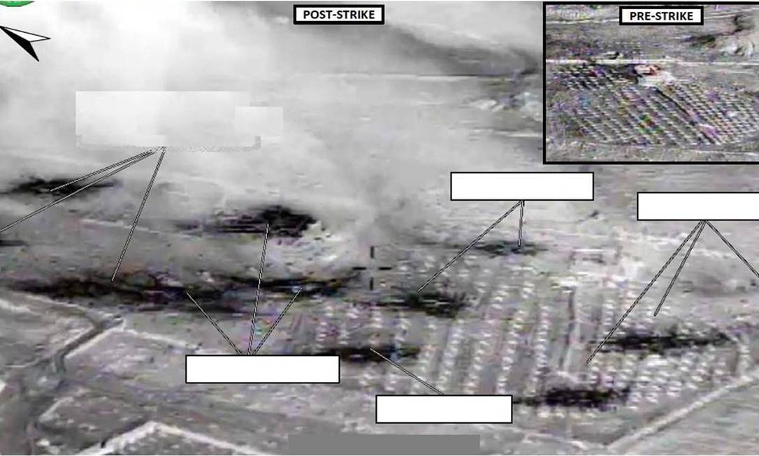 
Imagens divulgadas pelos Estados Unidos mostram ataques sobre Abu Kamal, na Síria
Foto:
/
Reuters/US NAVY
