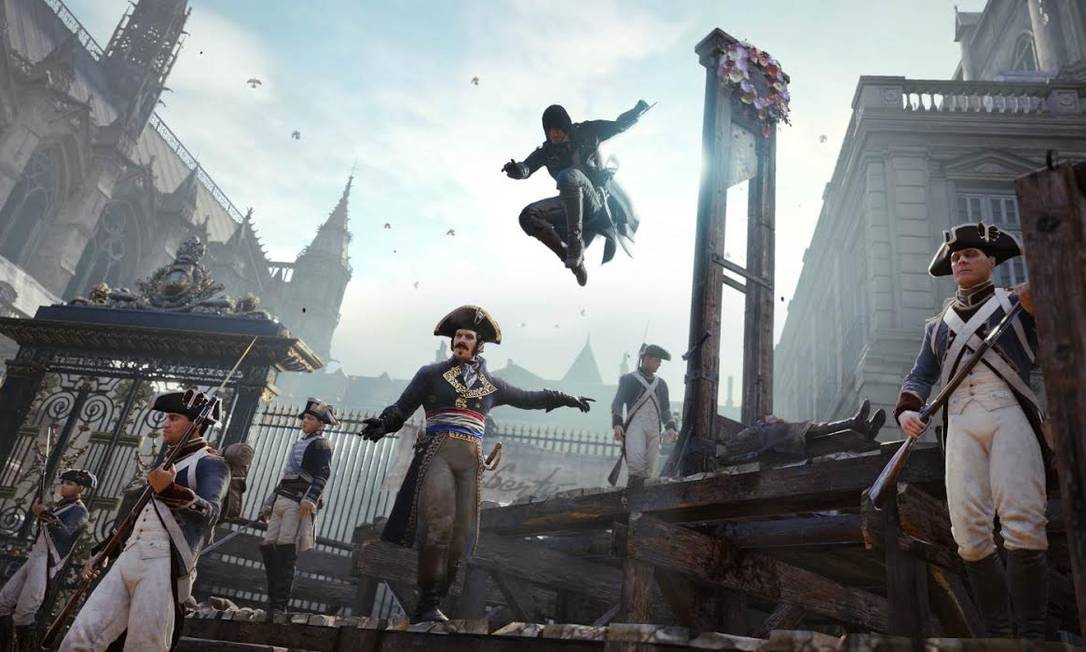 
Cena de “Assassin’s Creed: Unity”: ambientado na Revolução Francesa, título vem causando polêmica na França
Foto:
/
Divulgação
